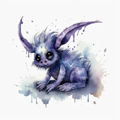 Watercolour cute fantasy creature clipart on transparent background, rodney matthews style, no splash, black inky blue purple violet, single sheet, 4k