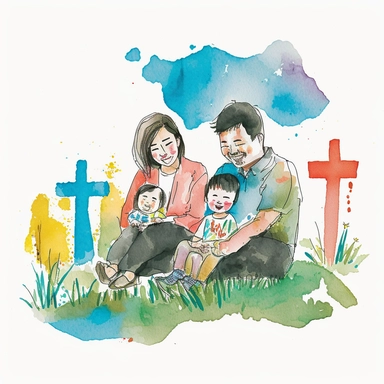 watercolor clipart, minimalist, isolated with white background, Happy Asian family mom, and dad smiling , and a child laughing sitting on the grass , primary color is yellow, blue and red, bright atmosphere, flat illustration, story telling, James jean, simple lines ,high resolution paper-cut styles , church with a cross on top backgrounds