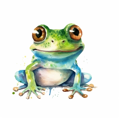 watercolor frog with big cute eyes, smiling, clipart, no words, white background