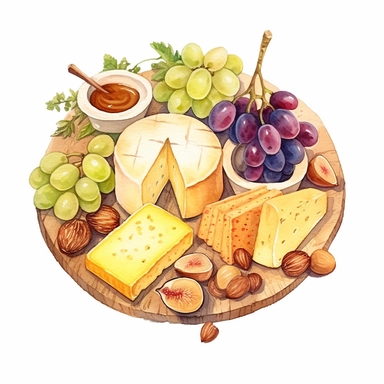 Watercolor cheese platter with wallnuts and grapes and raisins and figs and herbs nicely placed along with cheese on a very large wooden flat plate or cutting board, illustrations clipart set, simple, soft colors, cartoon elements, different variants, cheese from around the world, wooden elements, separate elements with a margin