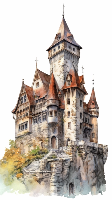isolated images, illustrations on a white background, realistic medieval castle, Clipart, watercolor, realistic, isolated, full building, highly detailed, hdr, 32K, photo expert quality, watercolor realistic, hyperrealistic and highly detailed, isolated on a white background