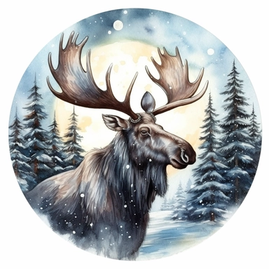 christmas moose, watercolor, clipart, moonlight, forest