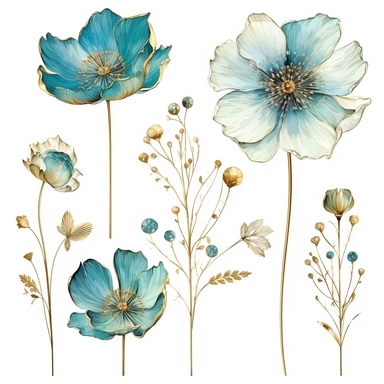 large gold and glass flowers, in the style of nature-inspired installations, delicate ink washes, Blue and cyan, detailed miniatures, mosaics, organic texture, nature-inspired imagery, clipart set, white background, 4 flowers