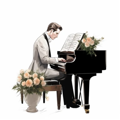 beauty man playing elegant piano, flower and a music book digital clipart on white background