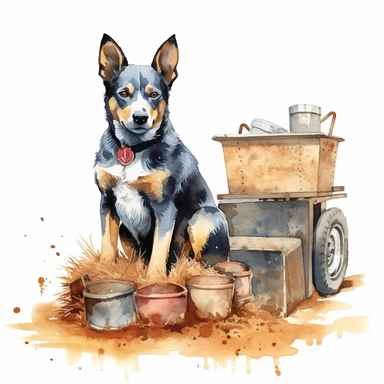 Australian Cattle Dog sitting beside a pile of farm equipment, white background, watercolor clipart