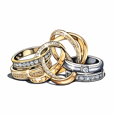 clipart 'Assorted Wedding Rings', 'An elegant and detailed illustration of various styles of wedding rings including solitaire, halo, and vintage. The rings should be beautifully designed and reflect a sense of sophistication and love', 'Solid contrasting background', 'Elegant, Romantic', 'Digital Illustration', 'Clean lines, detailed design with a hint of sparkle', '1:1 aspect ratio, high quality, high resolution, detailed white background, simple, contour, stroke, no text, no watermark