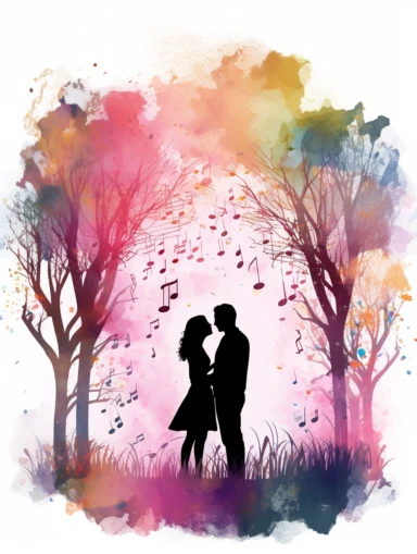 Watercolor Clipart Illustration. Silhouette of a couple kissing in the far distance. Musical notes in the air.
