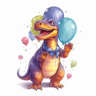 a T-Rex cartoon character holding colorful balloons for a birthday party, glamorous , Gouache, white background with margins, Clipart style