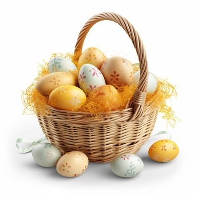 a clipart should feature an white Easter basket filled with golden eggs The white basket could be decorated with diamonds or Gold accessories , and there could be some grass or flowers around it. The treats could be arranged in a neat and colorful display, with some items spilling out of the basket to make it look more inviting.