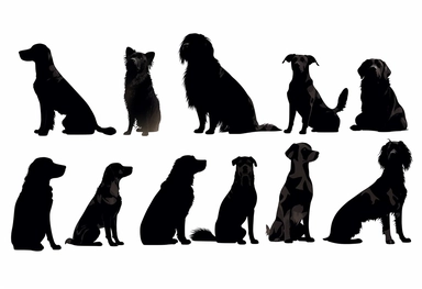 black dog silhouettes cliparts on white background, in the style of françoise basset, mary beale, animated gifs, petcore, boris kustodiev