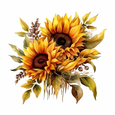 watercolour bunch of sunflowers clipart, hd, detailed, earth tones, white background, spaced out