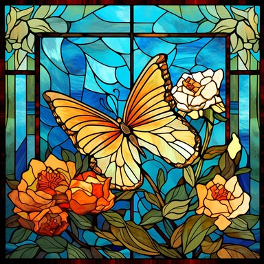stained glass clipart of one butterfly and flowers, vincent van gogh style