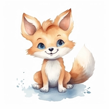 a friendly baby fox with smiling face and kind eyes clipart with watercolor illustration,full body shot,8k,etsy style, white background