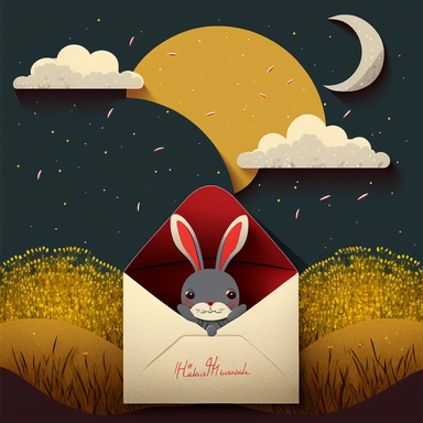 clipart, hand painted, watercolor, vectors, gray background, sharp focus, highly detailed, Rabbit, Chinese New Year, Bright Red, Celebration, Colorful Confetti behind, Cute, Cheerful, pixar style, Moon behind, yellow field of barley behind, dark red envelopes in the air