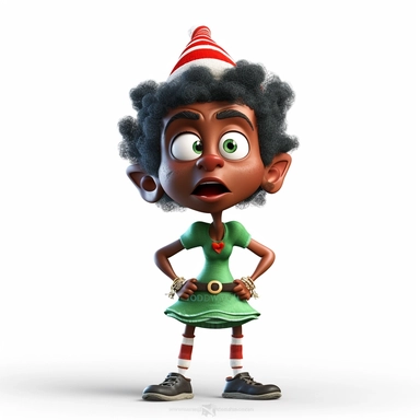 clipart of a crazy dark skinned female christmas elf, there is a funny face on it, cartoon, for kids, funny, pixar, 8k, white background, sharp focus, detailed,