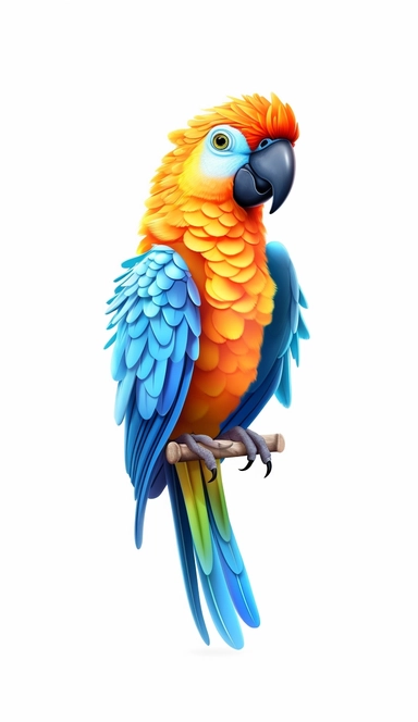 A parrot bird, Cute Beautiful 3d, Is Standing Full body Vector Sublimation Clipart, Cartoon, dominant white, grey, orange, hyper realistic, intricate detail, illustration style, high solution, on the white background