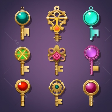manage the design of a legendary key, style game, Use a basic shape like a circle or square, with more neutral and simple colors. The texture must be smooth and with few details, conveying simplicity and accessibility, , no background, image with transparent background, each key must be unique , keys should look like glitter, vector, clipart, icon,
