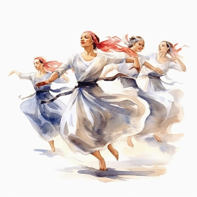 Greek Dance: A clipart image of traditional Greek dancers performing the syrtaki or other folk dances, wearing traditional costumes. watercolor clipart, transparent white background, soft cinematic lights, juicy, bright, high quality, ultra detailed, 32k