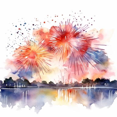 4th of July Firework watercolor clipart, detailed, in the sky during sunset, white background