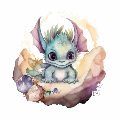 On a white background, design a stunning Watercolour Colourful Fantasy cute baby Dragon clipart graphic with intricate details of a cute face and an enchanting crystal design, highlighting a color palette of dark and mysterious shades reminiscent of a mystical cave