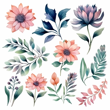 atercolor, handpainted floral clipart, transparent background, 6 elements evenly spaced out by 1 inches
