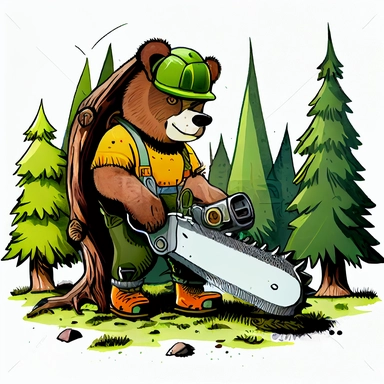 funny big sish going to forest working cut trees with a chainsaw, big bear, CLIPART, watercolor, ink, ultra-detailed, cartoon style, white background, black outside lines –testp,