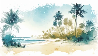 a watercolor illustration of a beautiful tropical beach landscape in the style of arkhyp kuindzhi with palm trees on the left and right, there is sand in the middle toward the bottom of the image and an ocean between the trees the sky is clear and blue and fades into a white background as it goes higher above the trees, digital art, clipart, png