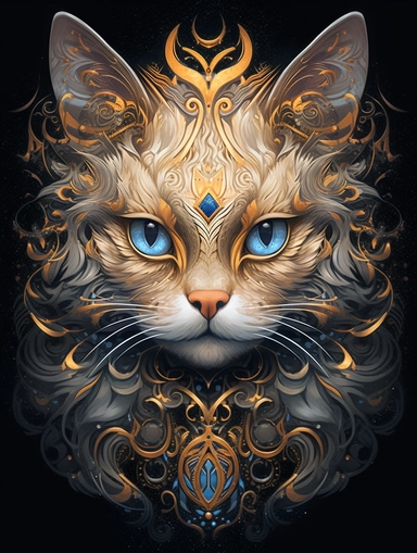 A cat portrait in a gold dress with ornate silver tattoo, in the style of black and lpurple, fractal patterns, mind - bending murals, dark cyan and orange, zbrush, depictions of animals, distinctive noses, clipart png, photorealistic, watercolor, digital painting, WHITE BACKGROUND, fantasy style, realistic, painting, 8k, ultra details,
