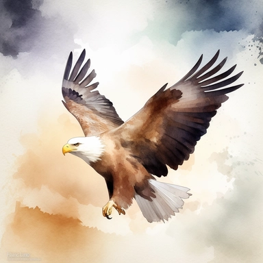 Create a watercolor clipart of an eagle soaring through the sky with wings outstretched. The eagle should be depicted in a majestic pose, with its beak slightly open and its talons visible. The sky should be painted in shades of blue and white, with a few clouds in the background. The overall effect should be serene and awe-inspiring. Please use your artistic skills to create a visually stunning image that captures the spirit and power of this magnificent bird.