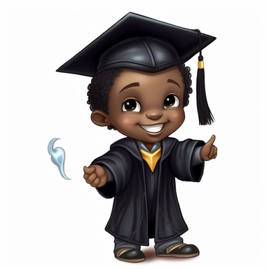 A happy little black boy graduate in black graduation attire, cap and gown on, disney clip art