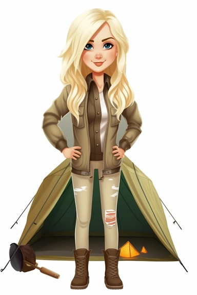 pretty mom straight blonde hair in a camping outfit, cartoon style, clipart, white background, transparent background