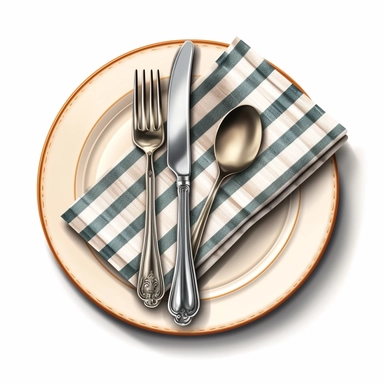 illustration of a fork, a knife, a spoon and a napkin on a plate design, as clipart with white background