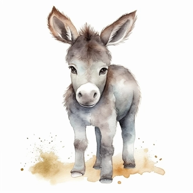 a playful baby donkey with kind eyes clipart with watercolor illustration,full body shot,8k,etsy style, white background