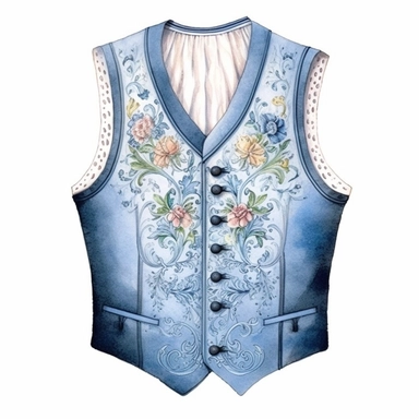 A beautifully patterned Victorian waistcoat in varying hues of captivating blue, hinting at the gentleman's mysterious demeanor, Clipart, watercolor, white background, intricate detail.
