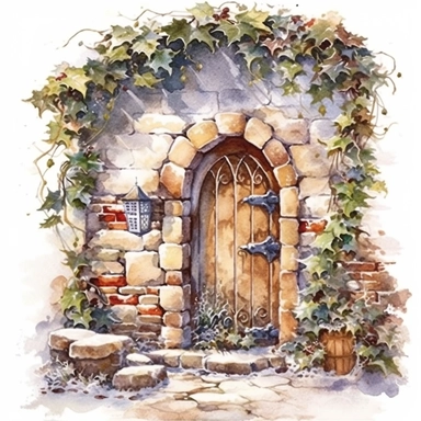 detailed watercolor clipart, photography style, beautiful christmas magic, stone wall, magical door open to Christmas village, holly, ivy, HDR, winter snow, self shadow, white background