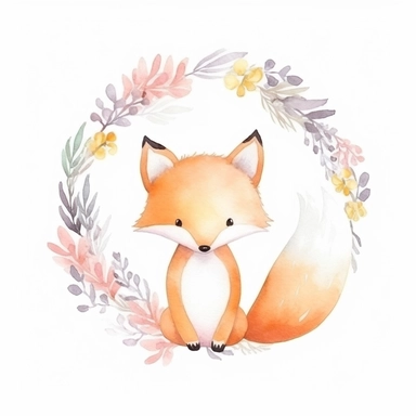 cute fox in a dainty minimalist floral wreath, watercolour, magical, kids art, clipart, isolated white background, 8k