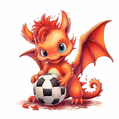 Super Cute fantasy baby red dragon playing soccer clipart, white background