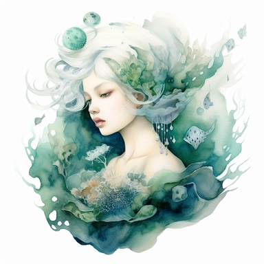 watercolor fairytale ocean quarz, in the style of anna dittmann, green and aquamarine, zhang jingna, detailed painting, detailed illustrations, fluid, watery, organic shapes, transparent/translucent medium, isoleted on white background, seashells, clipart , symbolic elements, tinycore, , stone, fantasy-based, isoleted on white background, clipart
