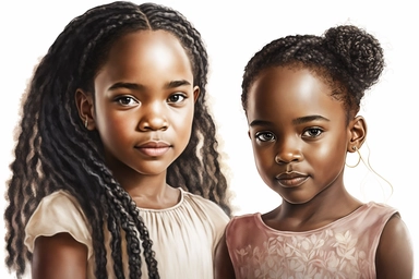 Two beautiful child black girls, African American on a white background showing their braided long Hair fashion, slightly smiling, clipart painting style