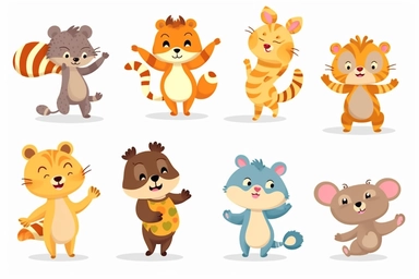 Baby bear tiger lion monkey penguin raccoon and squirrel jumping or dancing, cute animals illustration for kids. Children cartoon of funny happy smiling animals dance, isolated vector clipart.