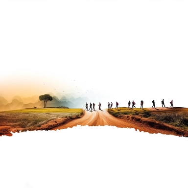white background, clipart, road in the countryside winding towards the horizon, group of people walking in road towards the horizon