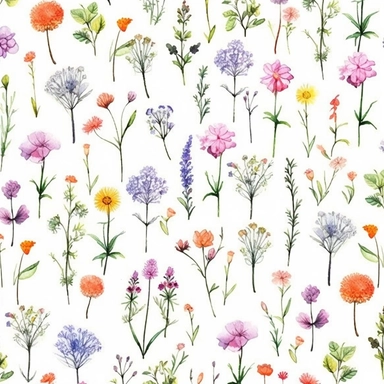 flowers, Watercolor, vector, white background, clipart, Seamless patterns, repeating patterns design, flat illustration,outlined , Vector, 4K, Art station, digital print, highly detailed clean, A detailed illustration a field,3D vector art, cute and quirky, fantasy art, watercolor effect, bokeh, Adobe Illustrator, hand-drawn, digital painting, low-poly, soft lighting, bird's-eye view, isometric style, retro aesthetic, focused on the character, 4K resolution,vector image, photorealistic masterpie