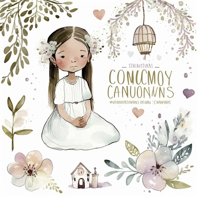 Watercolor First communion cute illustrations clip art set, simple, soft colors, cartoon elements, different variants, a girl with long braids on the day of her first holy communion in a white dress with a wreath of white flowers on her head sitting under a tree with lanterns hanging, watercolor boho style wooden elements, white transparent background