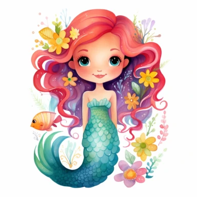 cute friendly mermaid, clip art elements, watercolour illustration style, bright colours