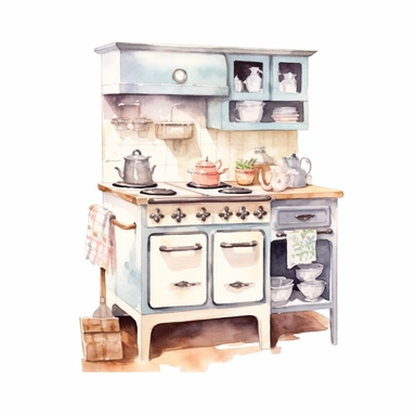 watercolor clipart, small vintage country kitchen unit in decent light colors, white background, view from front, high quality, highly detailed, sharpness