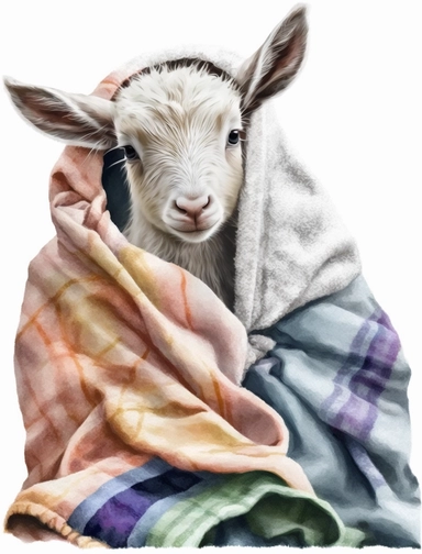 baby goat in a blanket, watercolor clipart, transparent background