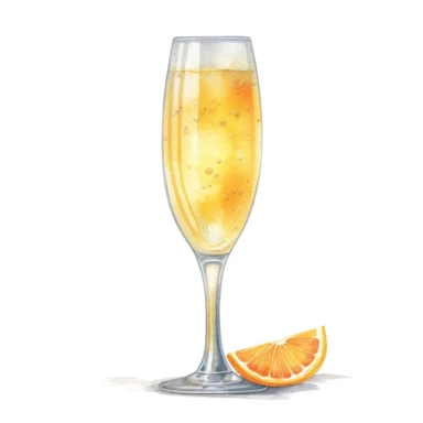 hand drawn flute of orange juice and champagne, very detailed and realistic, watercolor, white background with margins, clipart style — uplight