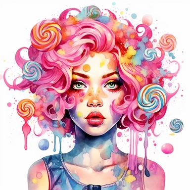 Watercolor gorgeous pink and rainbow haired candy girl Sublimation Clipart,hyper realistic, intricate detail, illustration style,high solution,on the white background