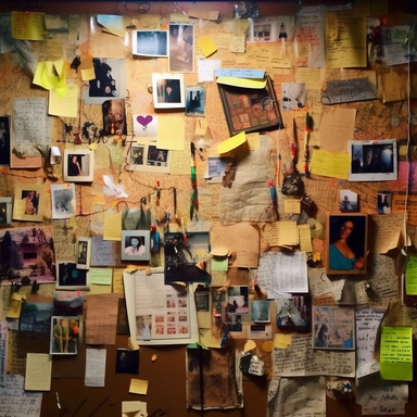 color photo of an Investigation Board full of old and new pictures and notes, close-up of one corner, unorganized, chaotic, messy, cluttered, overwhelming, textured, intricate, complex, detailed, with torn edges, faded colors, scribbles, post-its, lines, arrows, dates, labels, names, faces, maps, charts, graphs, and newspaper clippings — night, dimly lit, with a single lamp casting shadows and highlights on the board — camera settings: Canon EOS 5D Mark IV, Kodak Portra 800 35mm film, Canon EF 5