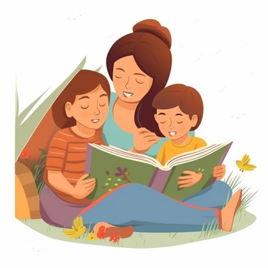 Mom Reading Book for Her Children Clipart: Literary Adventure, Imagination Unleashed, garden Reading book, Family Storytime, Intellectual Bonding Camera Type: Mirrorless. Camera Lens Type: Zoom lens. Time of Day: Morning. Style of Photography: Lifestyle. Type of Film: N/A. Aspect Ratio: 4:3. Shooting Mode: Aperture Priority. Camera Settings: Aperture f/4.5, Shutter Speed Auto, ISO 400. Post-Processing Techniques: Light retouching, slight matte effect.